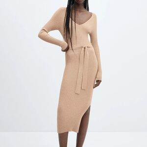 ASOS Mango Bow embellished Dress knitted Ribbed Midi belted Cream tan camel Sz L